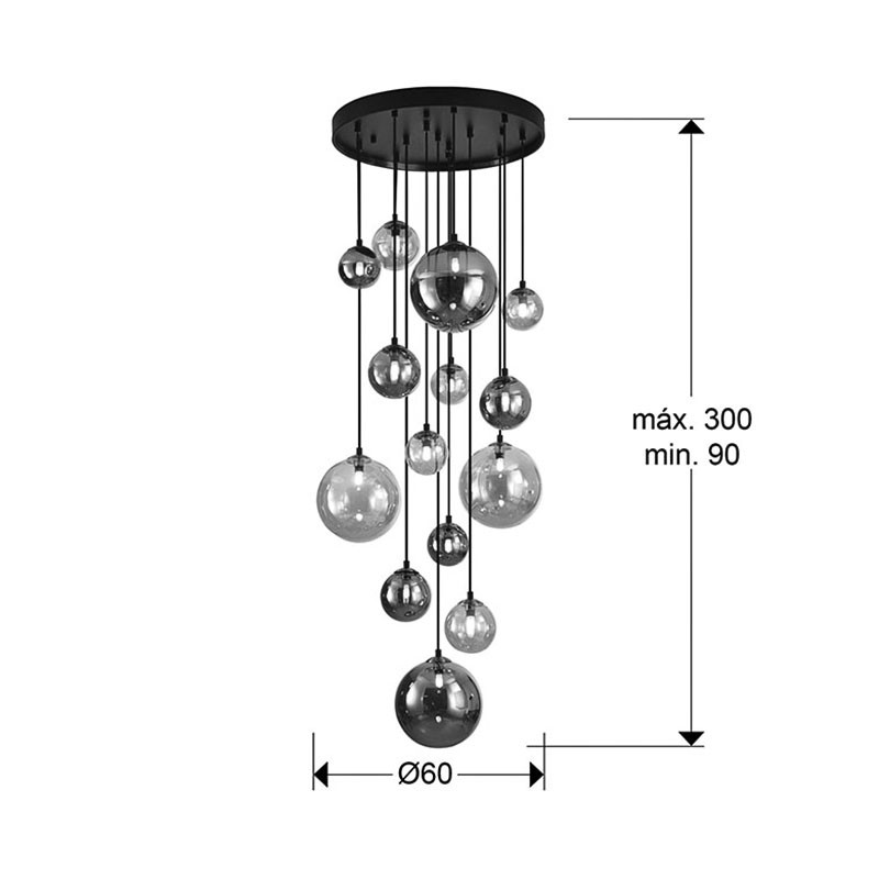 Suspension cascade 14 lampes DARK noir et laiton Schuller
