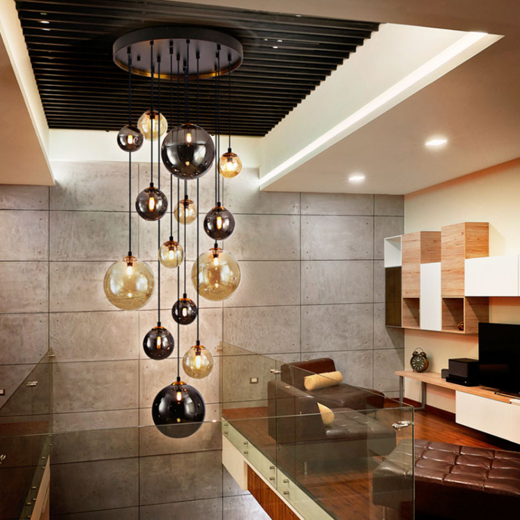 Suspension cascade 14 lampes DARK noir et laiton Schuller