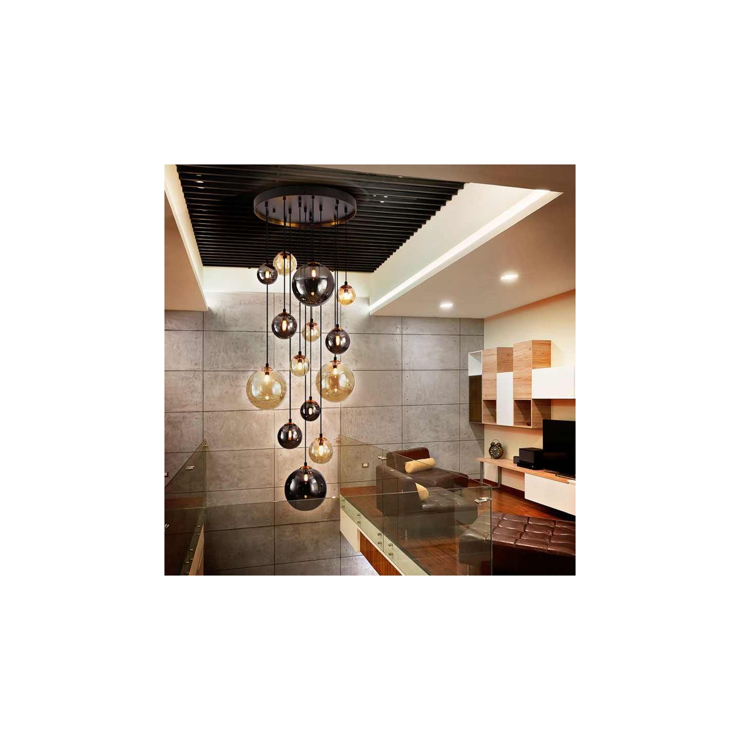 Suspension cascade 14 lampes DARK noir et laiton Schuller