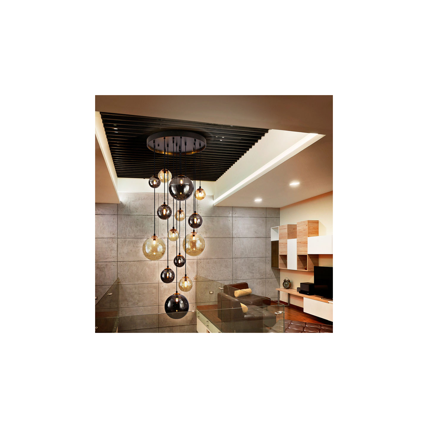 Suspension cascade 14 lampes DARK noir et laiton Schuller