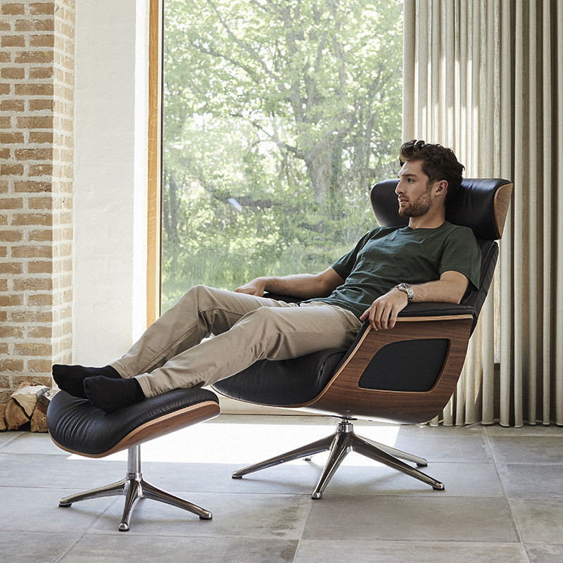 Fauteuil relax design CLEMENT cuir Dakota et noyer, avec ou sans repose-pieds Flexlux
