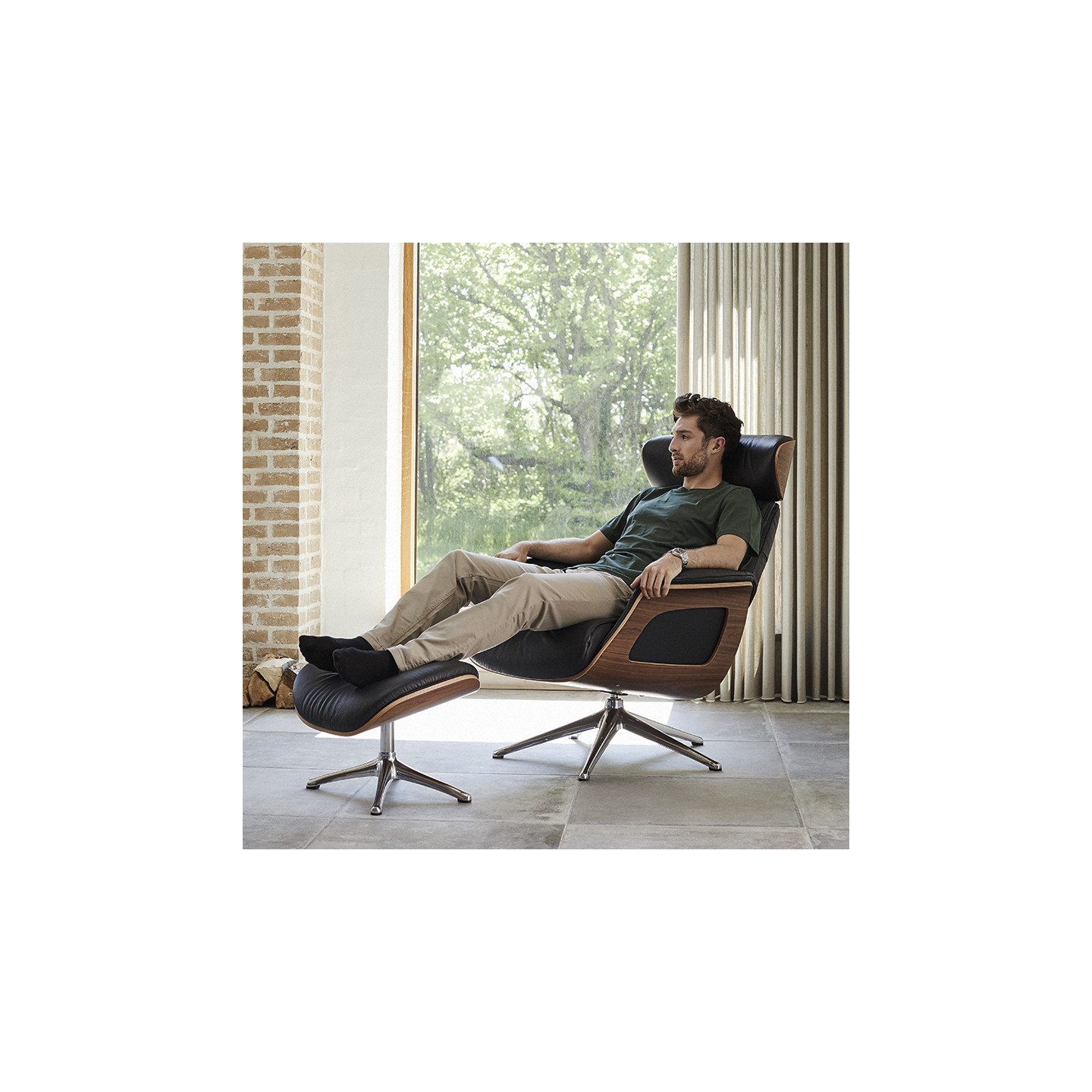 Fauteuil relax design CLEMENT cuir Dakota et noyer, avec ou sans repose-pieds Flexlux