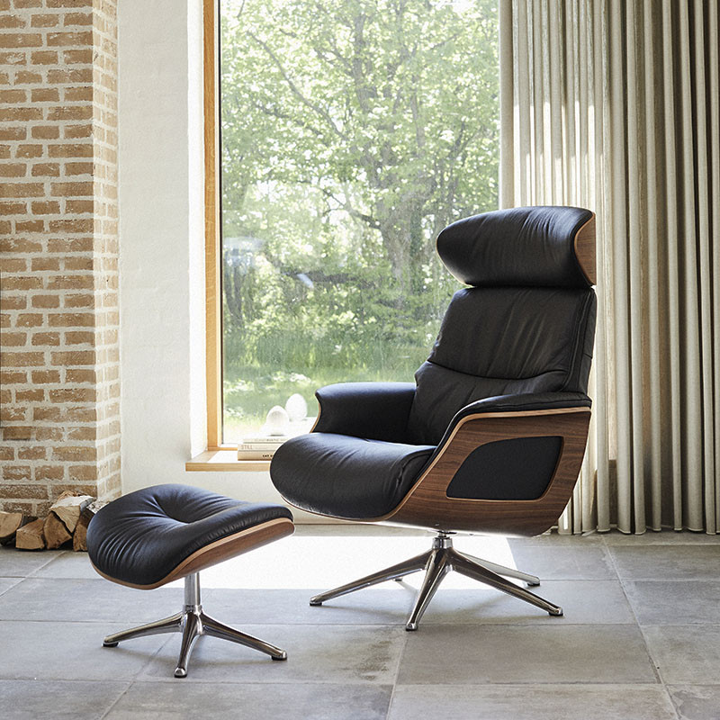 Fauteuil relax design CLEMENT cuir Dakota et noyer, avec ou sans repose-pieds Flexlux