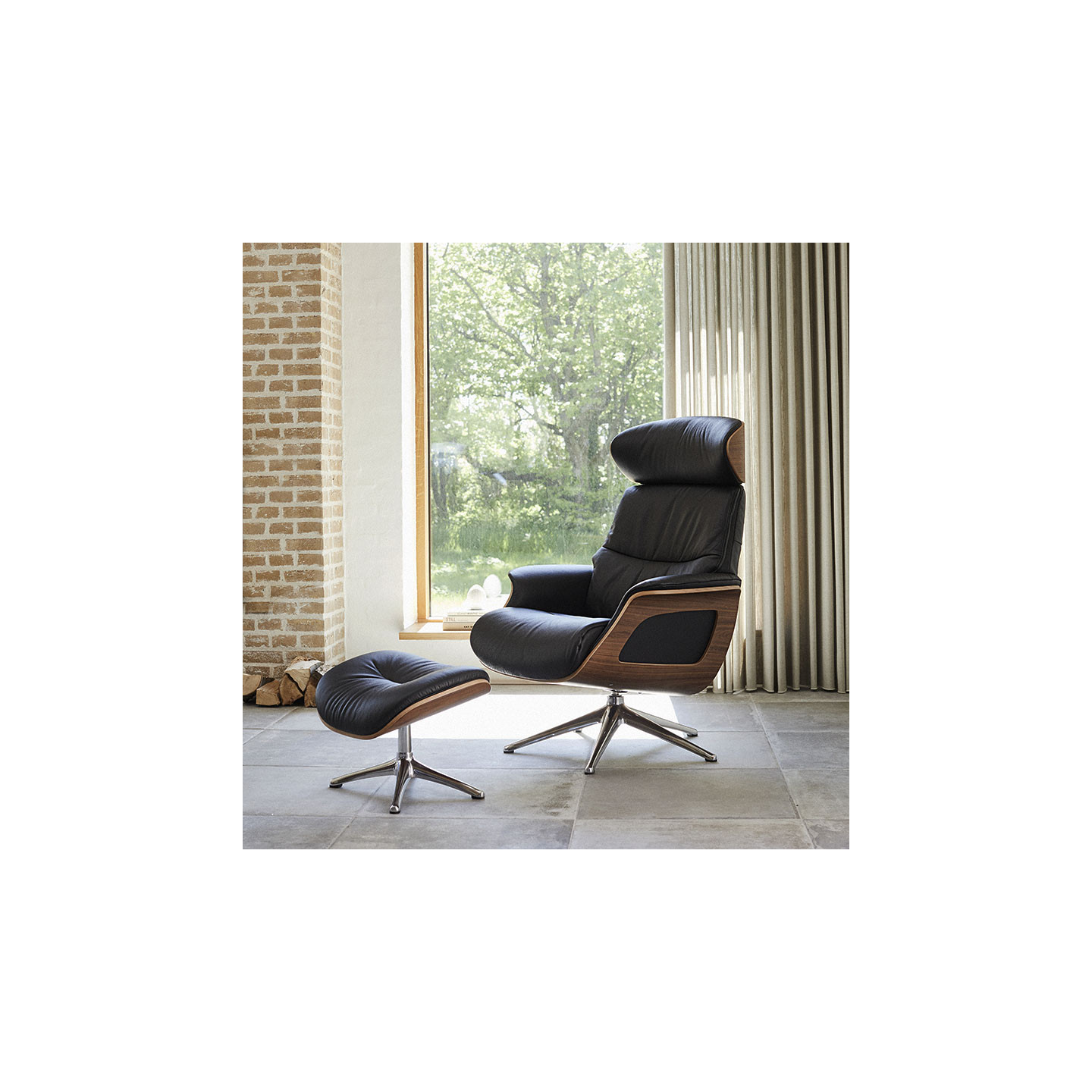 Fauteuil relax design CLEMENT cuir Dakota et noyer, avec ou sans repose-pieds Flexlux