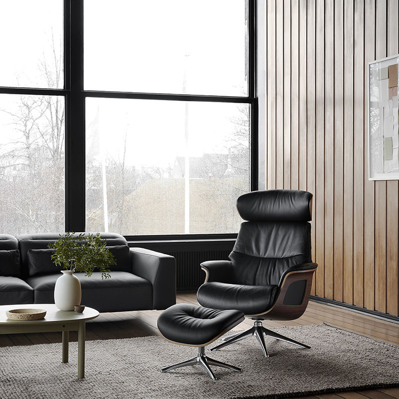 Fauteuil relax design CLEMENT cuir Dakota et noyer, avec ou sans repose-pieds Flexlux