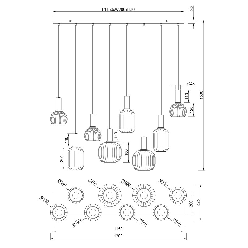Suspension multiple verre DIVA 8 lampes Trio Lighting