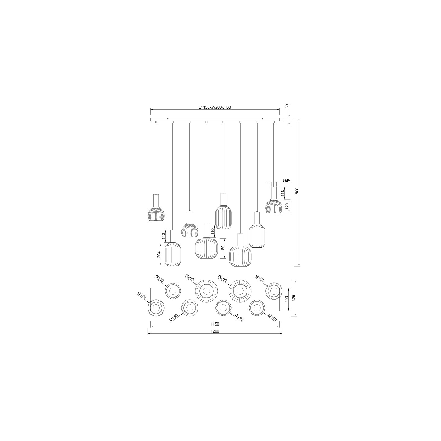 Suspension multiple verre DIVA 8 lampes Trio Lighting