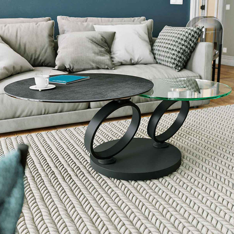 Table basse pivotante EOLIA BLACK, 8 finitions de plateaux Akante