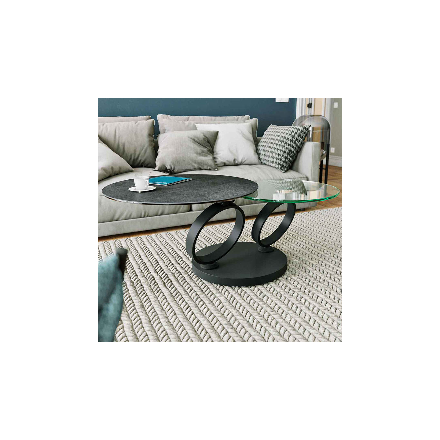 Table basse pivotante EOLIA BLACK, 8 finitions de plateaux Akante