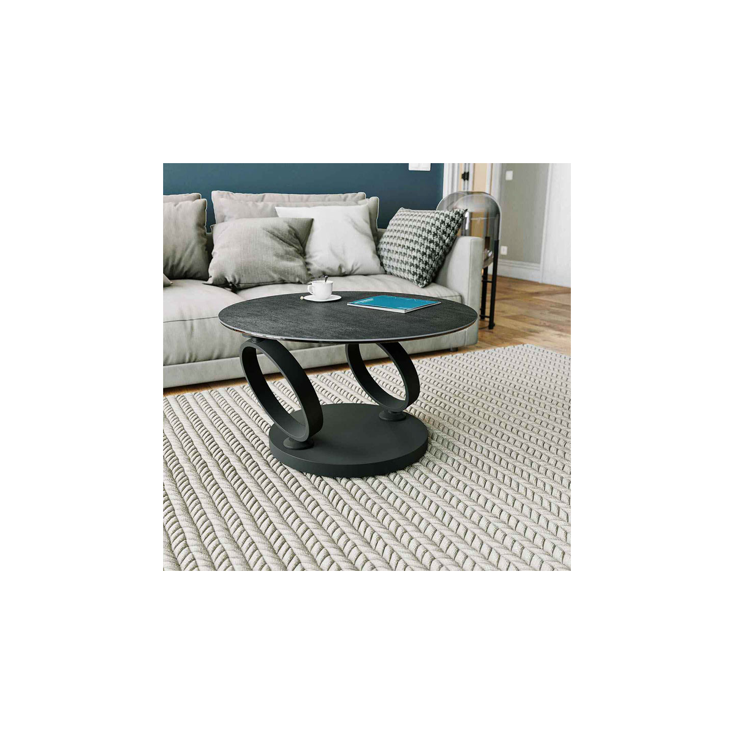 Table basse pivotante EOLIA BLACK, 8 finitions de plateaux Akante