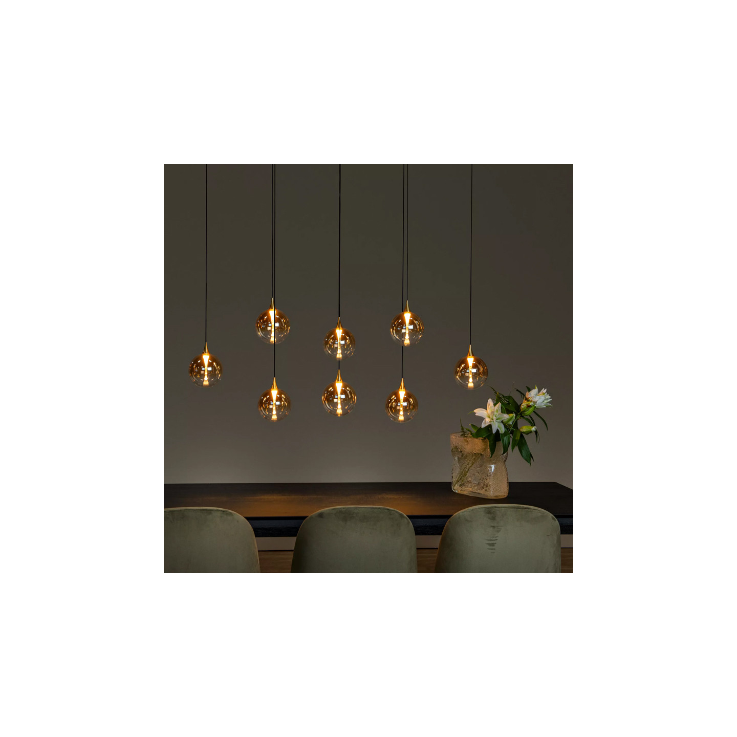 Suspensions boules en verre GISELA AMBRE, 9 lampes Lucide
