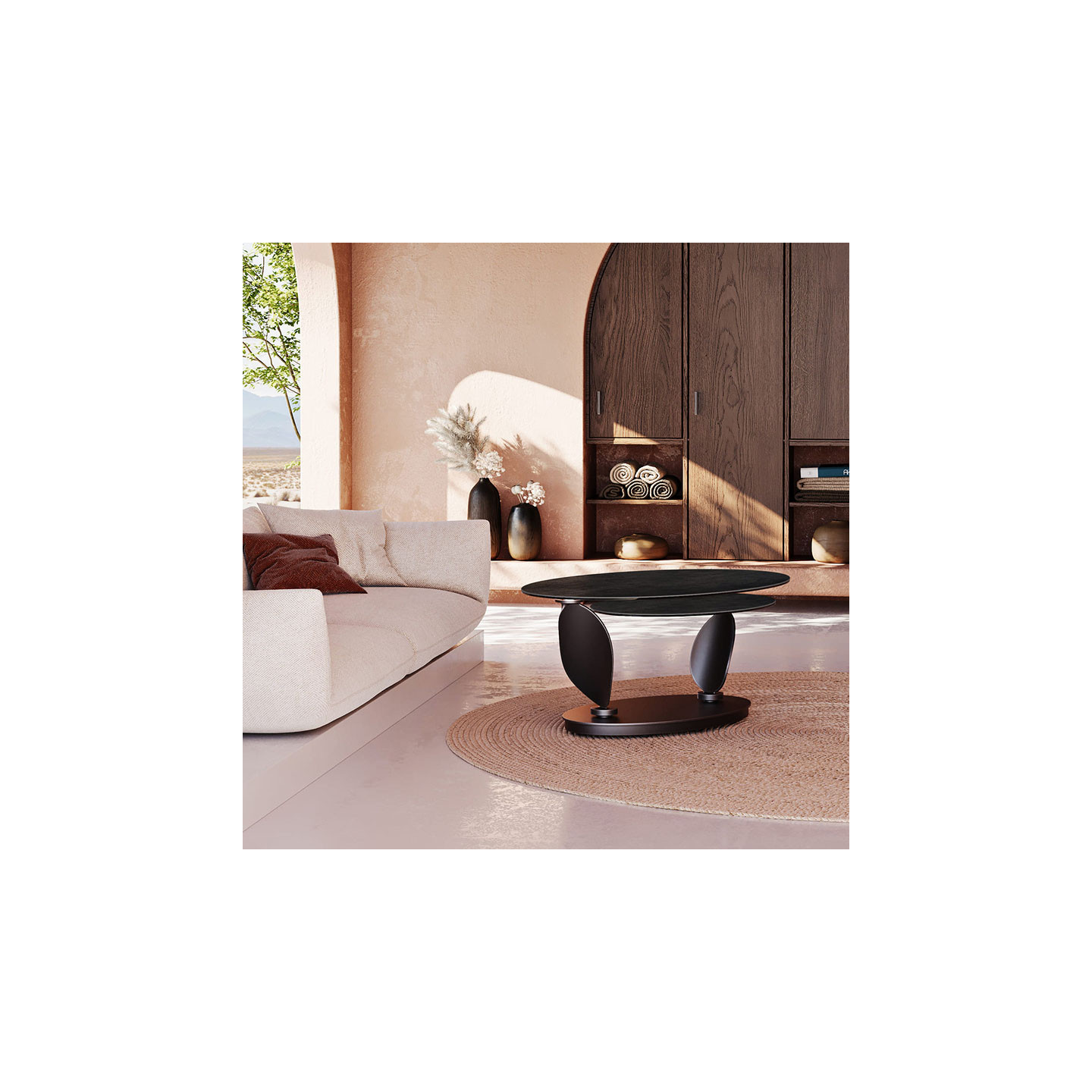 Table basse plateaux pivotants ROSA double céramique, 7 finitions Akante