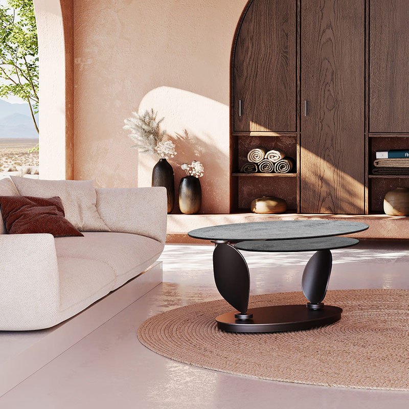 Table basse plateaux pivotants ROSA double céramique, 7 finitions Akante