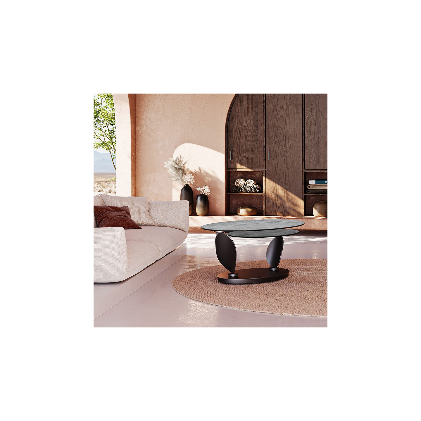Table basse plateaux pivotants ROSA double céramique, 7 finitions Akante