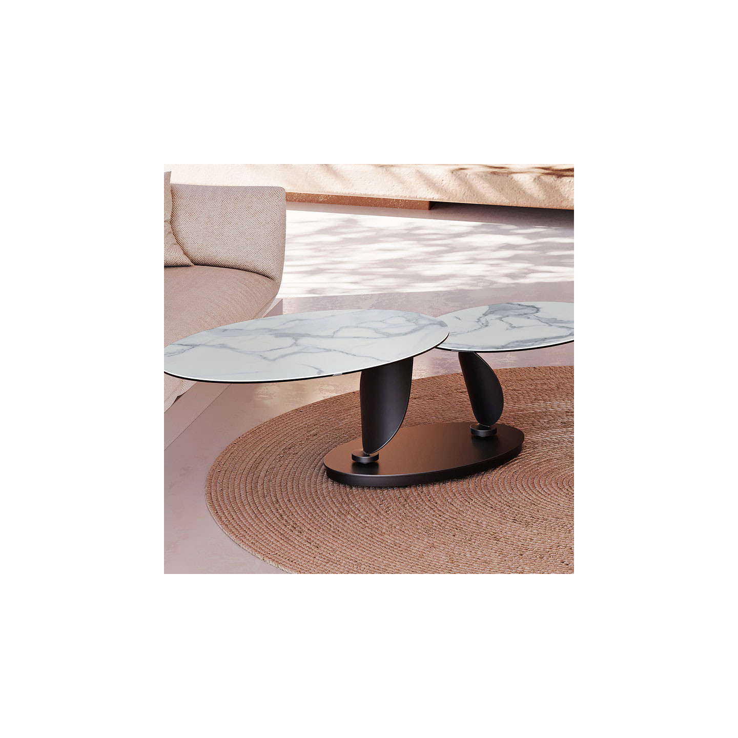 Table basse plateaux pivotants ROSA double céramique, 7 finitions Akante