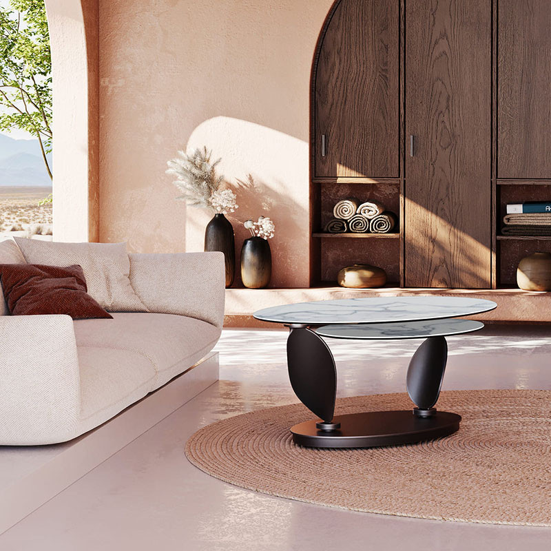 Table basse plateaux pivotants ROSA double céramique, 7 finitions Akante
