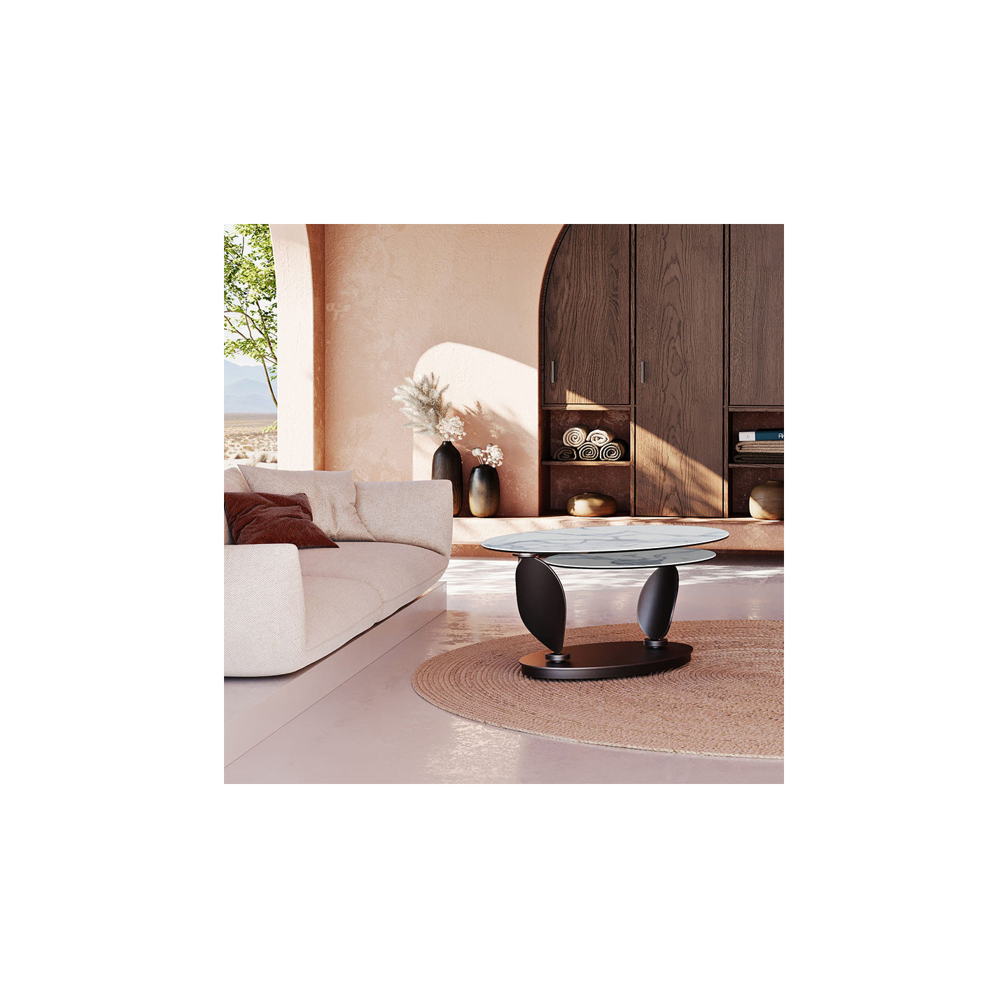 Table basse plateaux pivotants ROSA double céramique, 7 finitions Akante