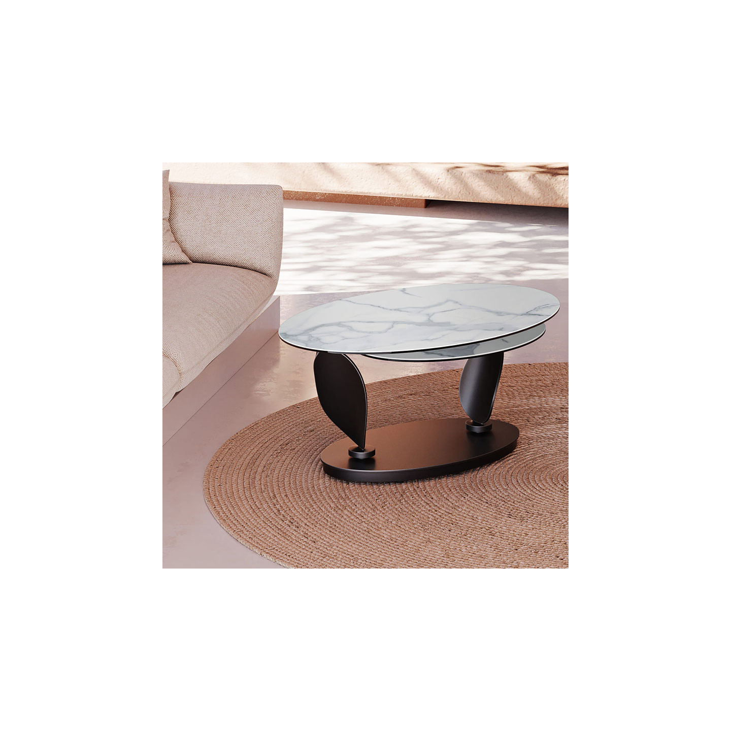 Table basse plateaux pivotants ROSA double céramique, 7 finitions Akante