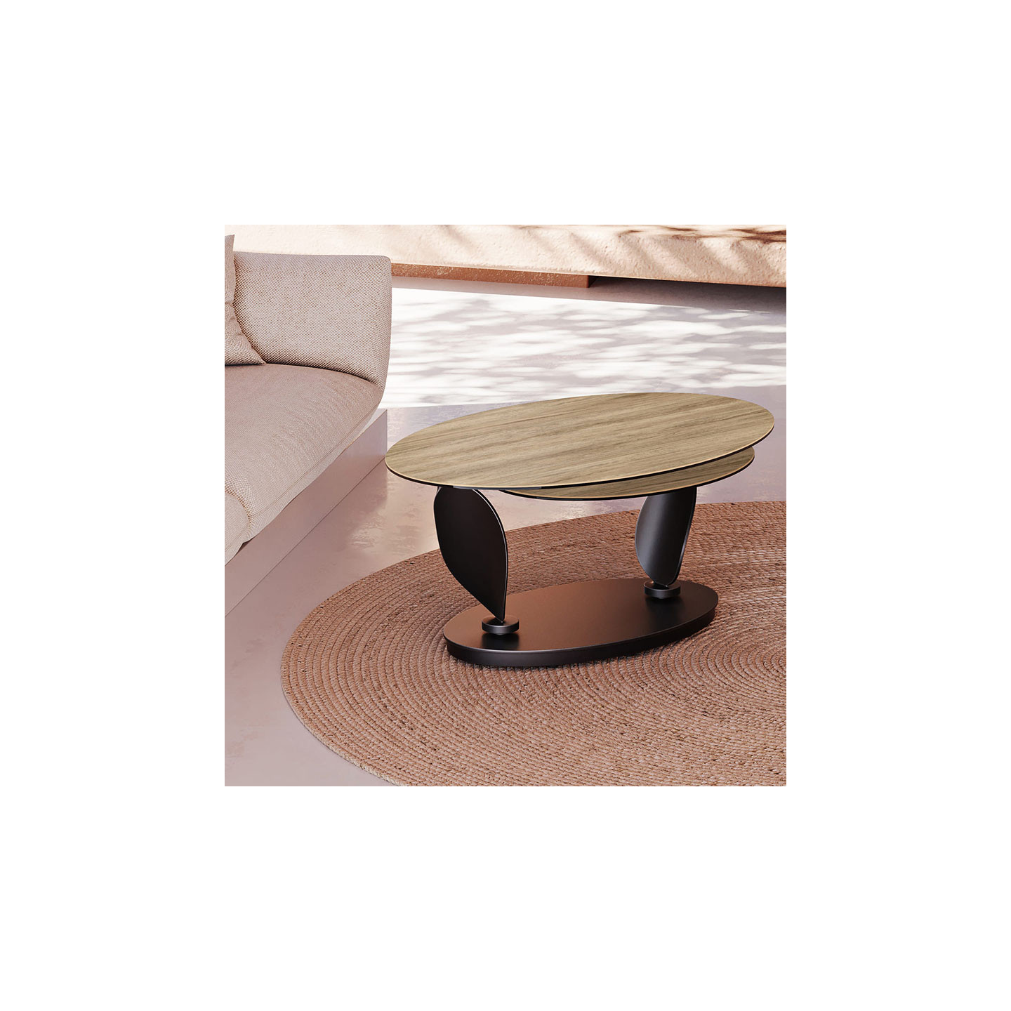 Table basse plateaux pivotants ROSA double céramique, 7 finitions Akante