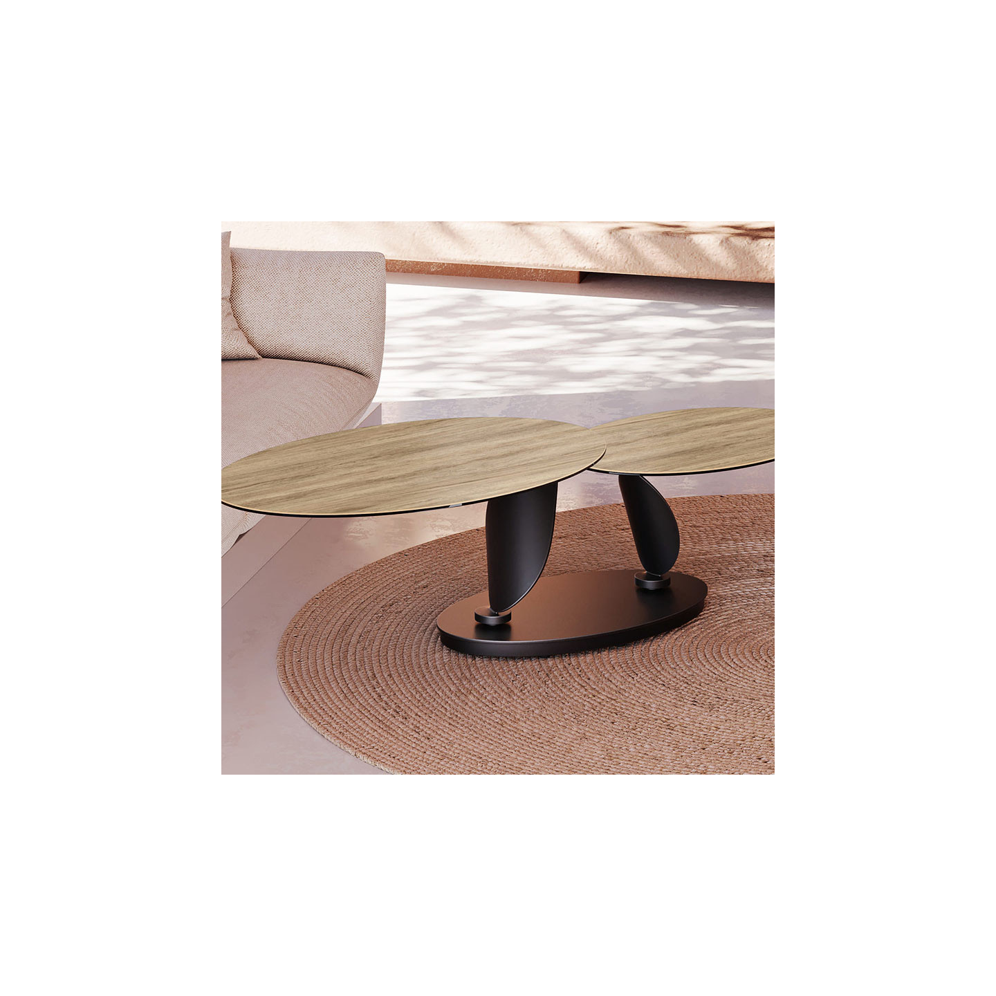 Table basse plateaux pivotants ROSA double céramique, 7 finitions Akante