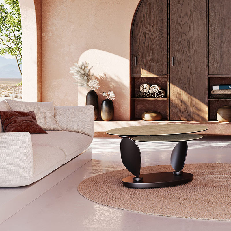 Table basse plateaux pivotants ROSA double céramique, 7 finitions Akante