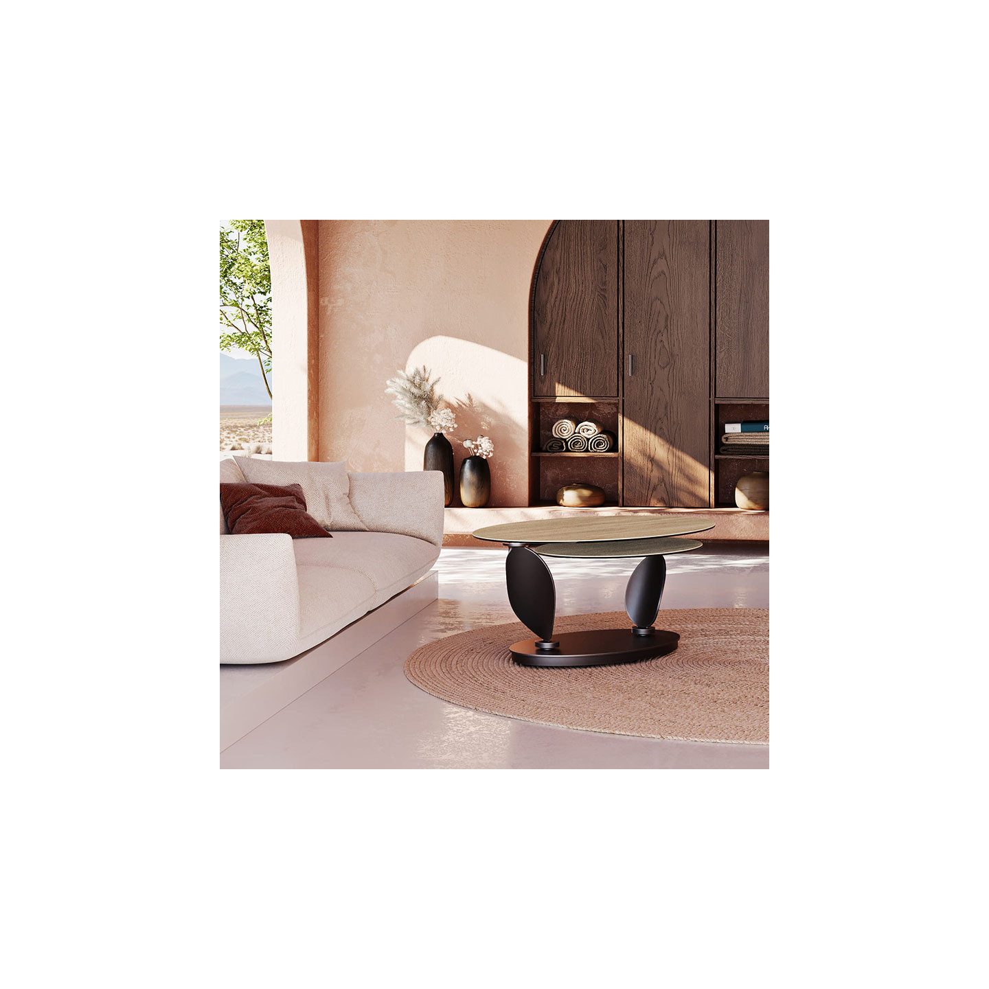 Table basse plateaux pivotants ROSA double céramique, 7 finitions Akante