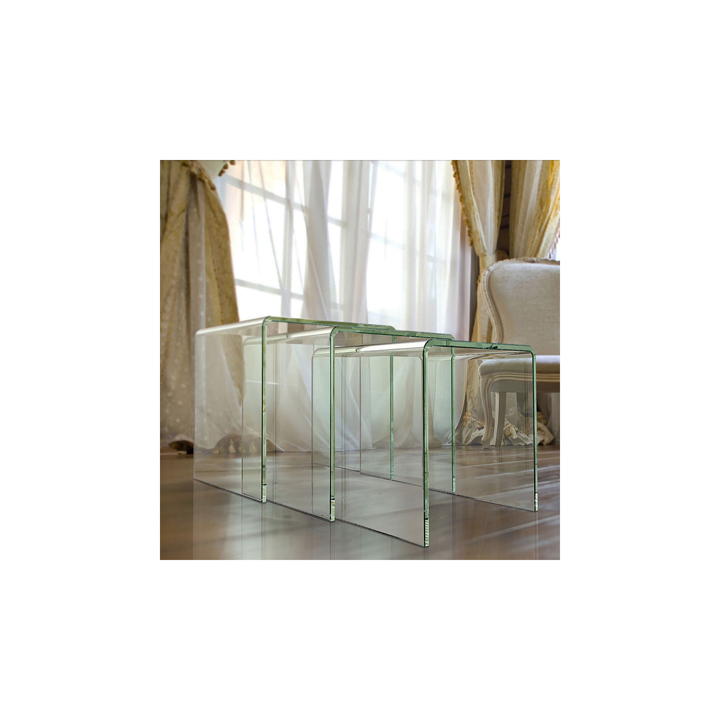 Table gigognes en verre trempé OLIVEA, 3 finitions Akante