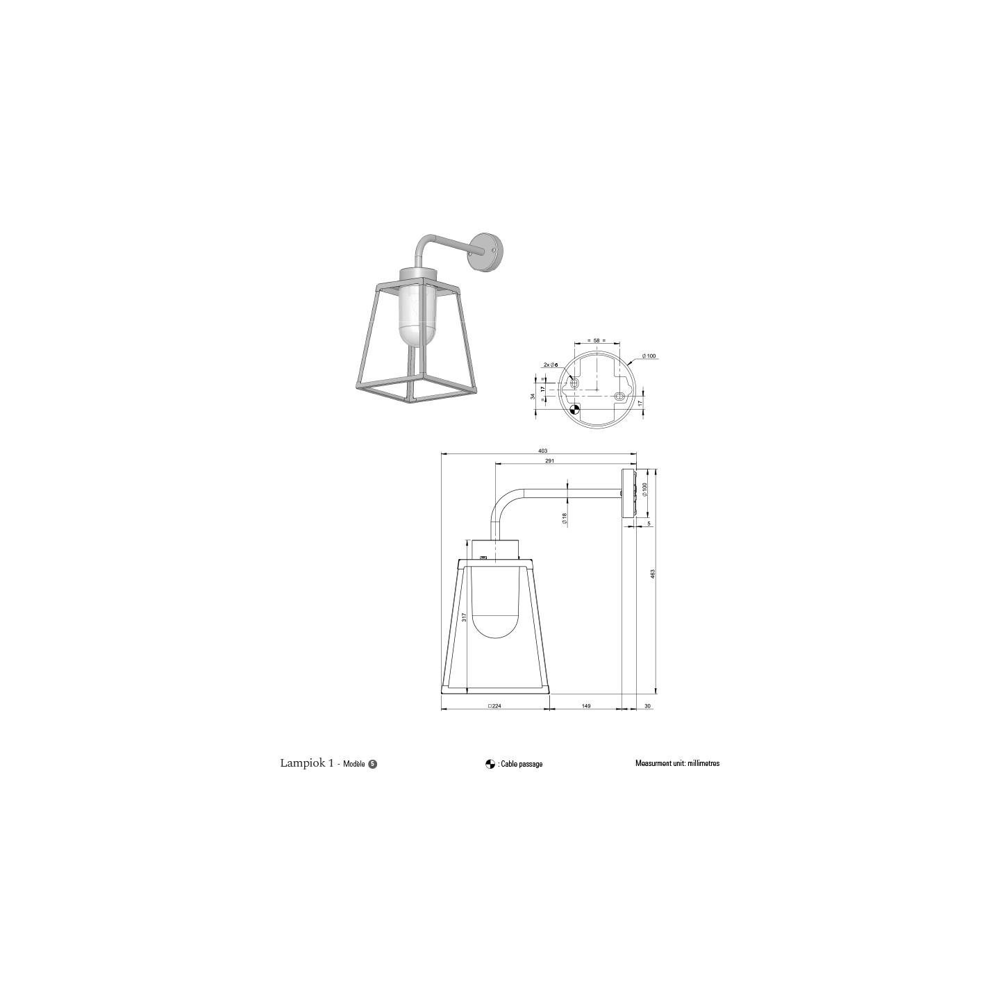 Applique descendante extérieure LAMPIOK 1 MODELE 5, 14 finitions