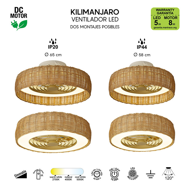 Ventilateur plafond rotin KILIMANJARO MINI Mantra iluminacion