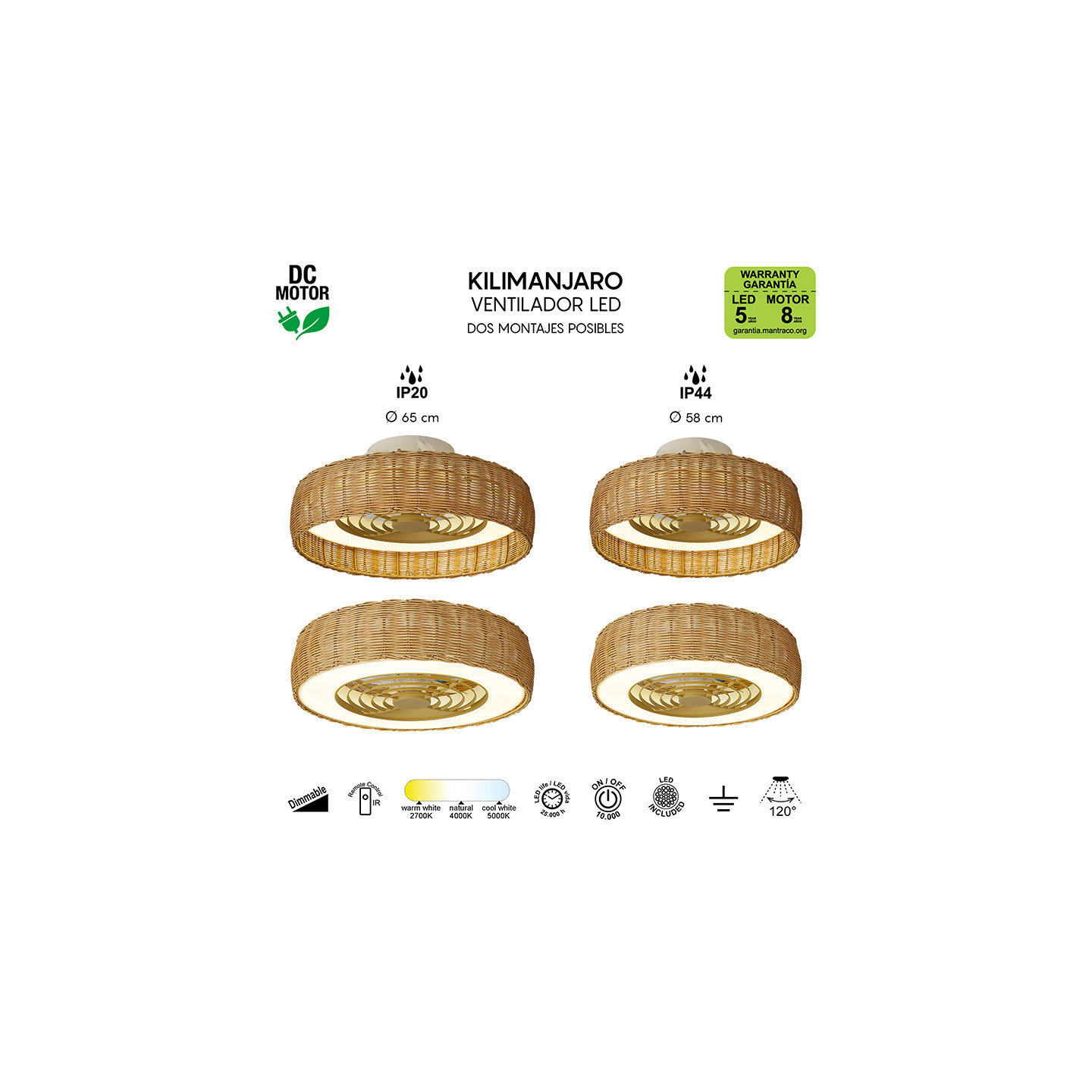 Ventilateur plafond rotin KILIMANJARO MINI Mantra iluminacion
