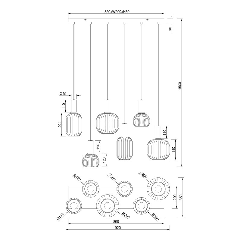 Suspension multiple verre DIVA 6 ou 8 lampes