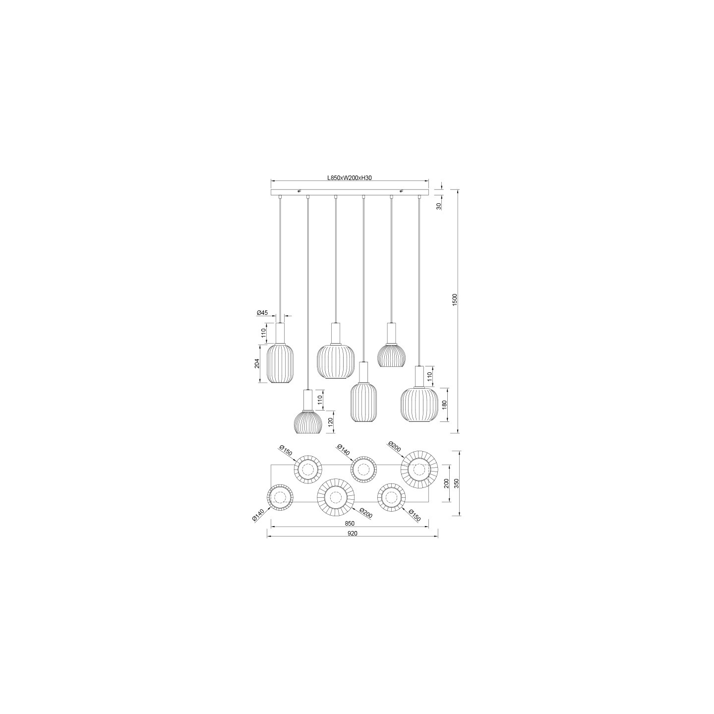 Suspension multiple verre DIVA 6 ou 8 lampes