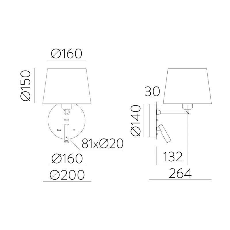 Applique murale chambre avec liseuse STILO, noir ou blanc