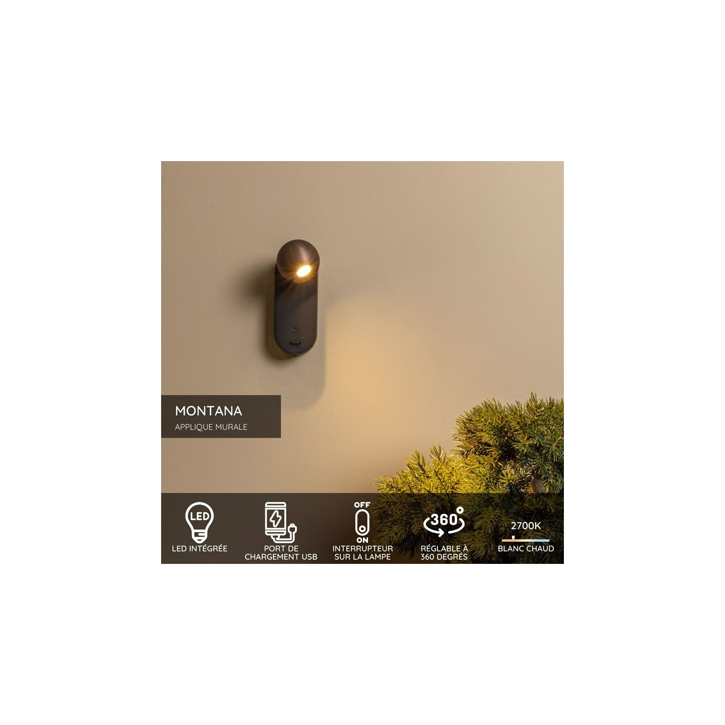 Applique chevet avec port usb et liseuse MONTANA, 2 coloris