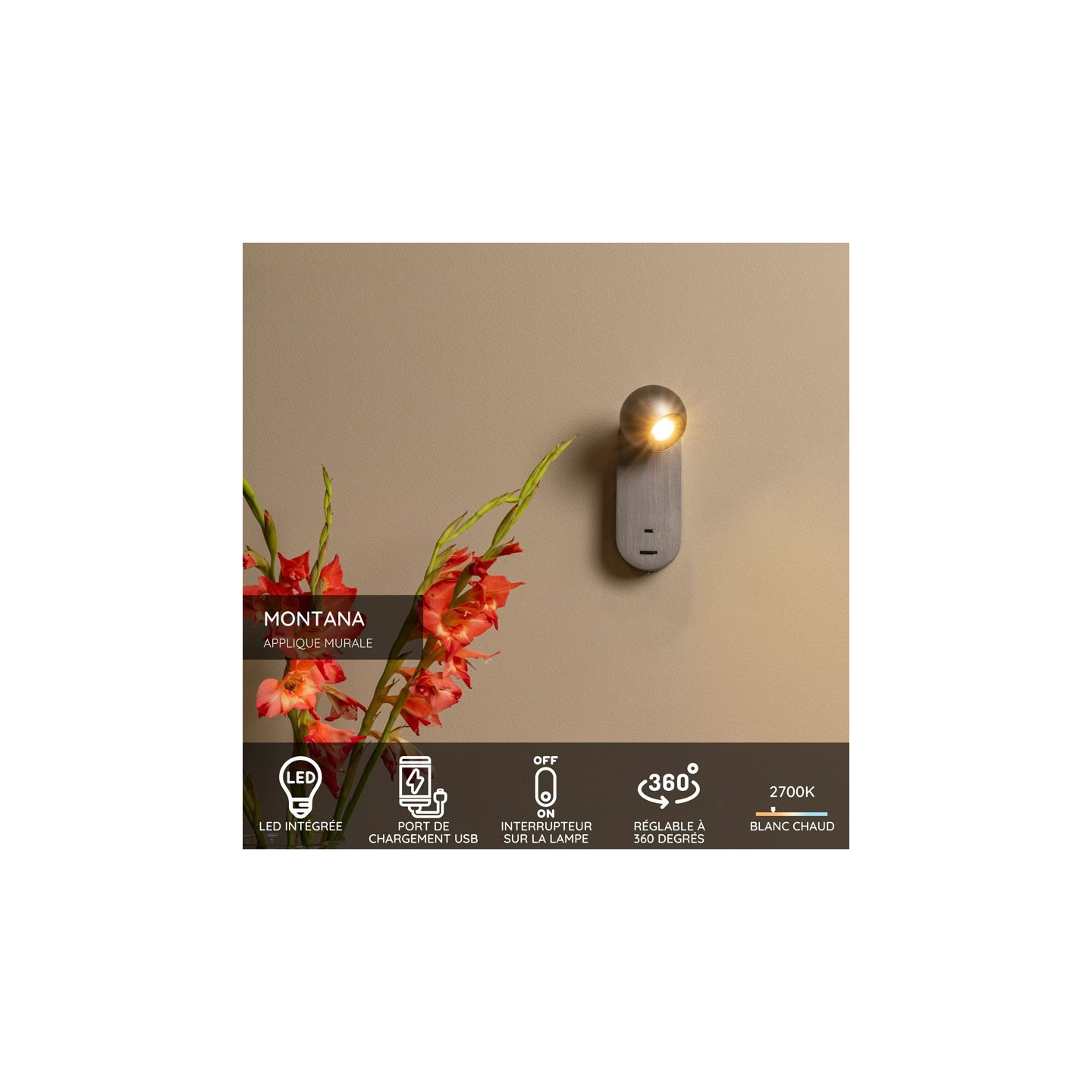 Applique chevet avec port usb et liseuse MONTANA, 2 coloris
