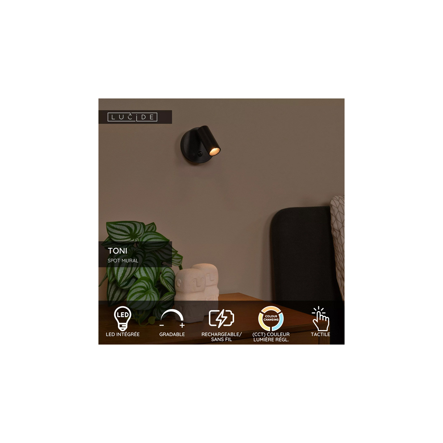 Applique murale sans fil rechargeable TONI, 3 coloris
