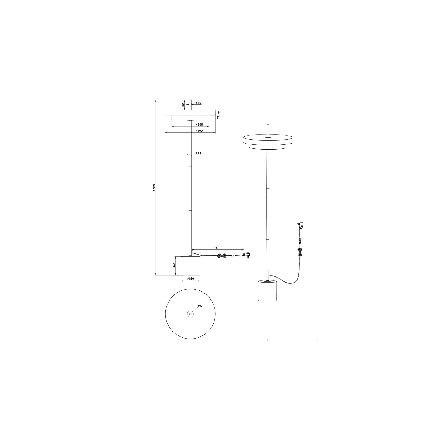 Lampadaire sur pied scandinave KEATON, noir ou blanc