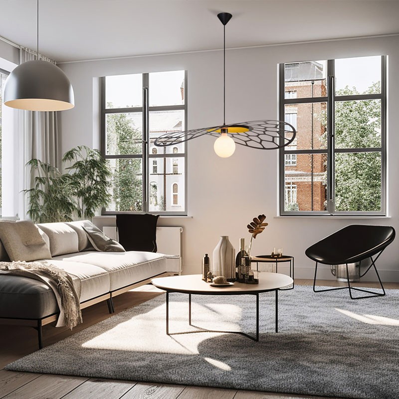 Suspension moderne EOLE Ø95 cm, noir réglisse & doré