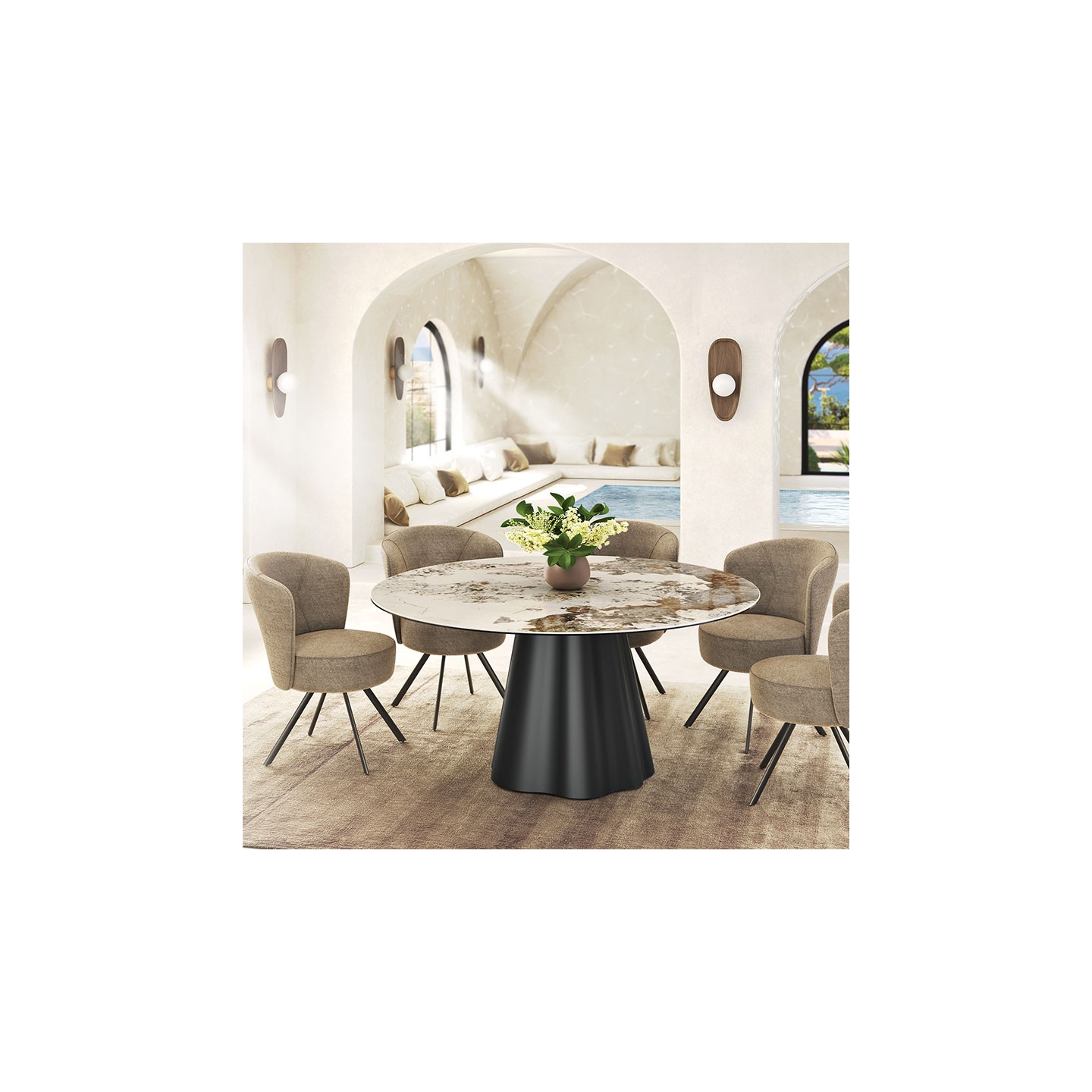 Table de salle à manger ronde PIANA, 6 finitions de plateaux céramique