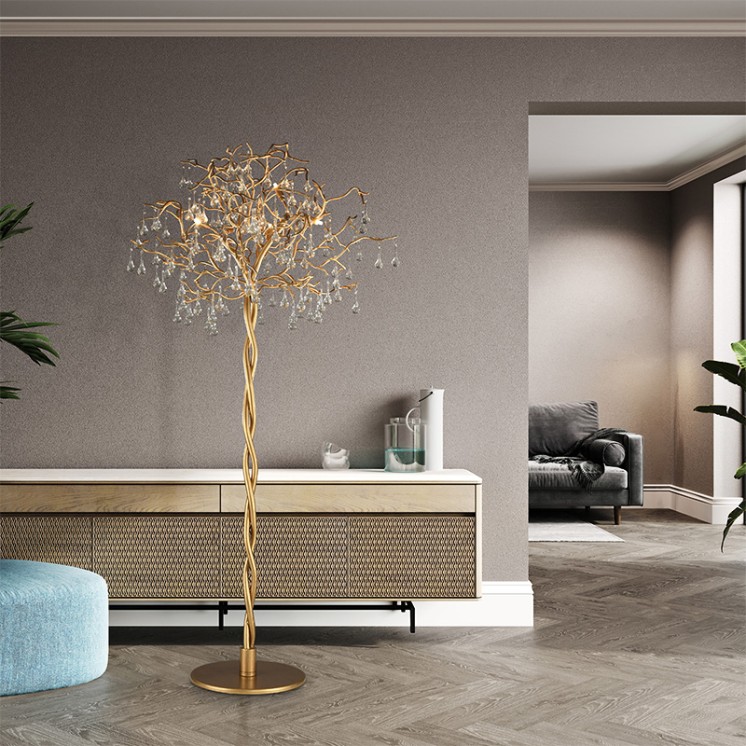 Lampadaire arbre ICICLE aspect laiton tourné et cristaux