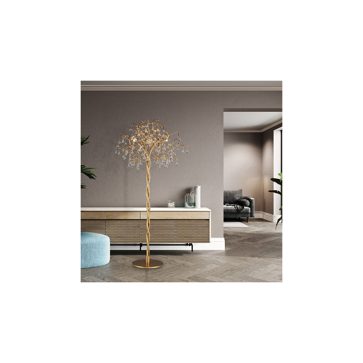 Lampadaire arbre ICICLE aspect laiton tourné et cristaux