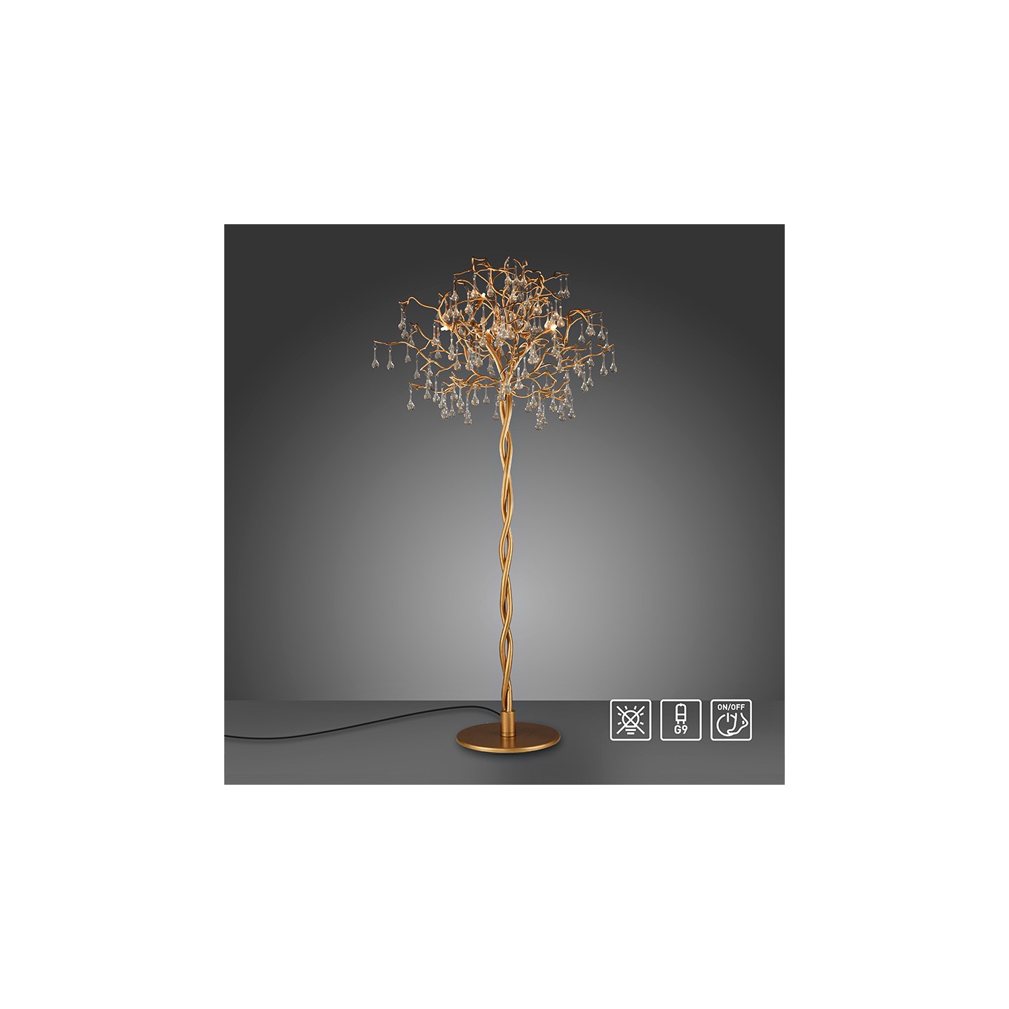 Lampadaire arbre ICICLE aspect laiton tourné et cristaux