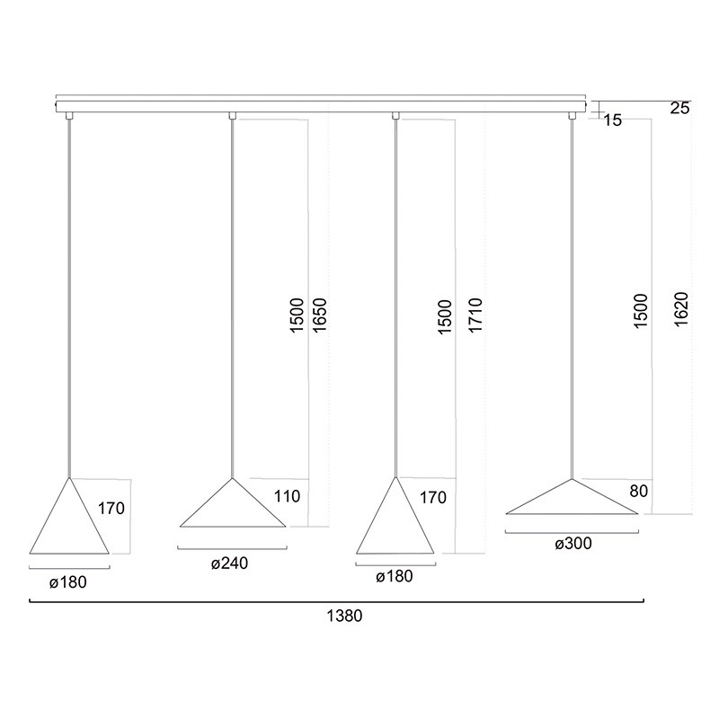 Suspension luminaire en longueur CONO 4 lampes
