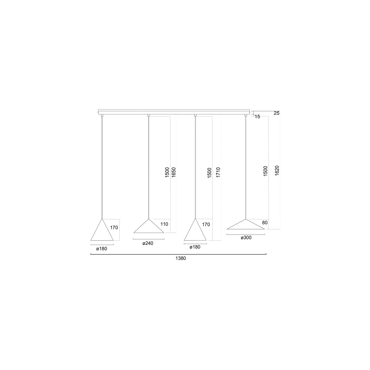 Suspension luminaire en longueur CONO 4 lampes