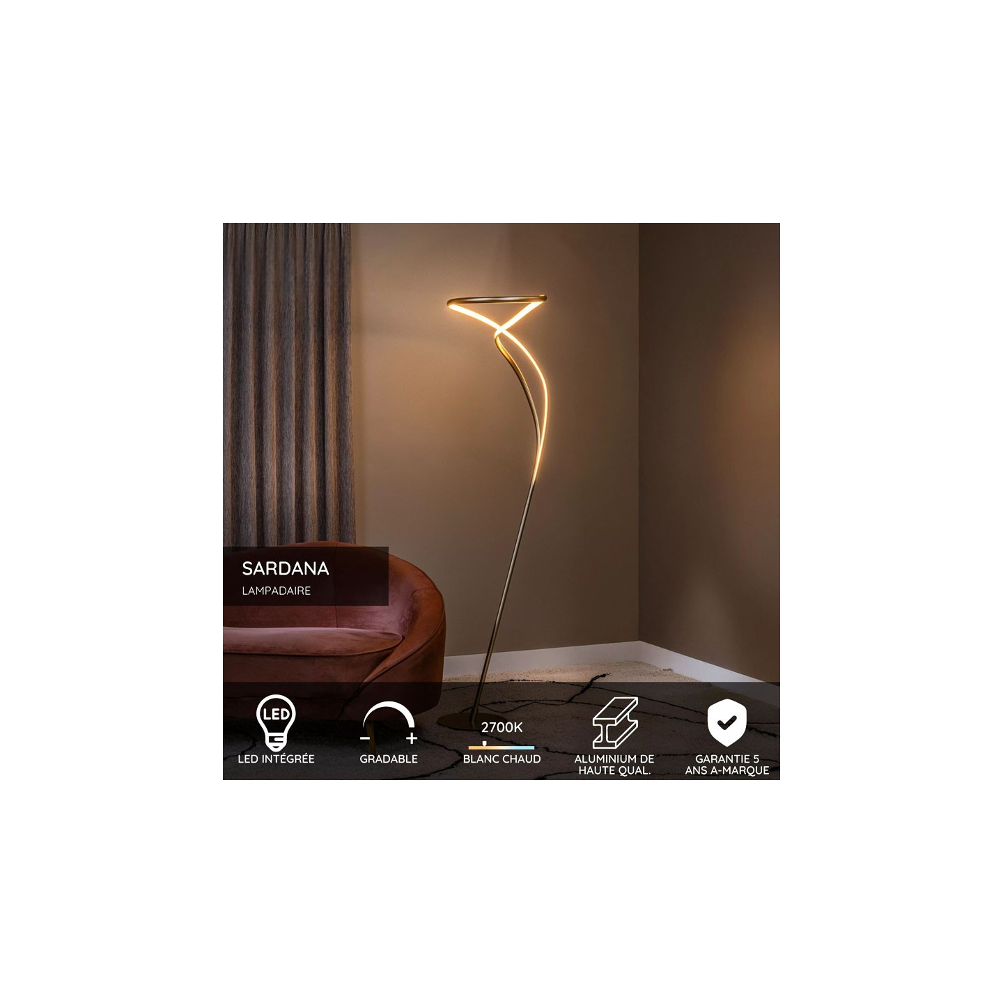 Lampadaire led avec variateur d'intensité SARDANA or et laiton