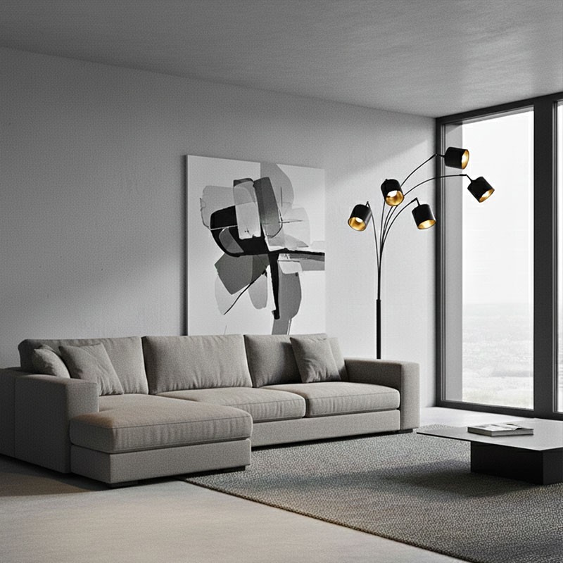 Lampadaire 5 branches TOMMY noir avec abat-jour noir et or