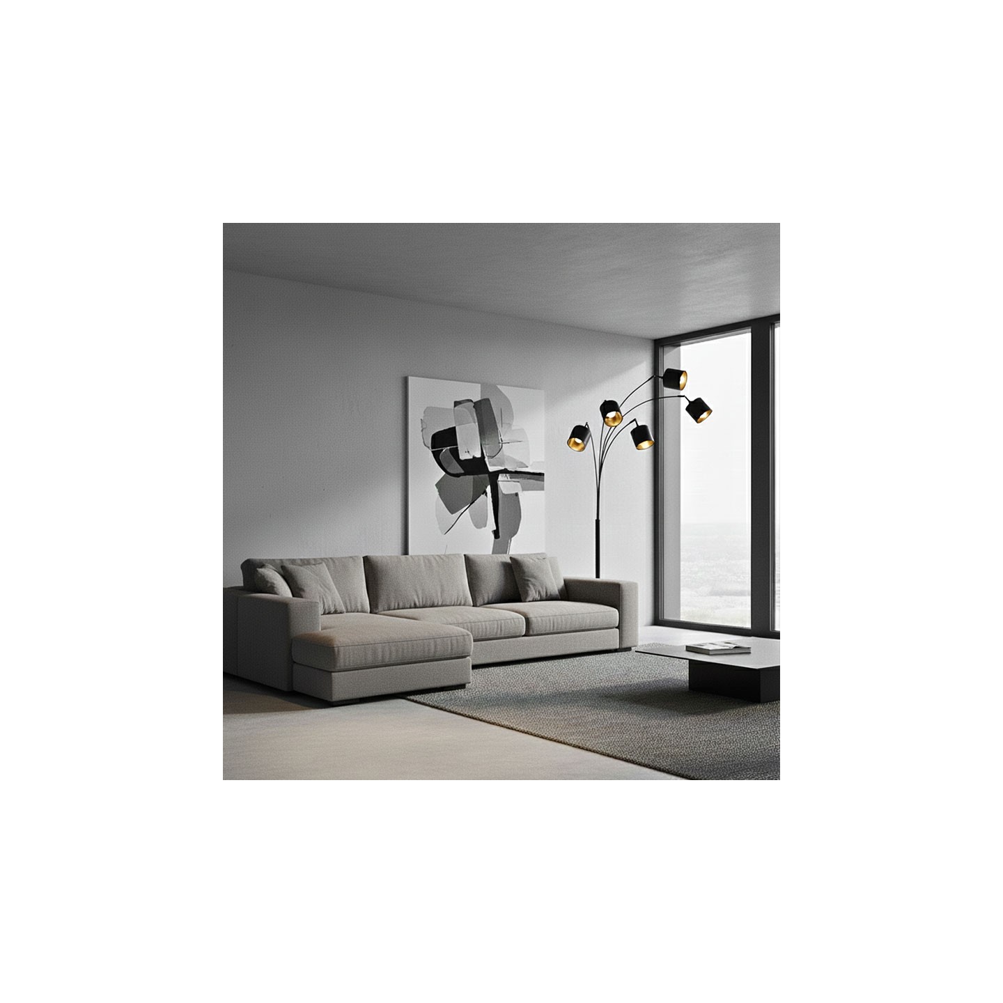 Lampadaire 5 branches TOMMY noir avec abat-jour noir et or