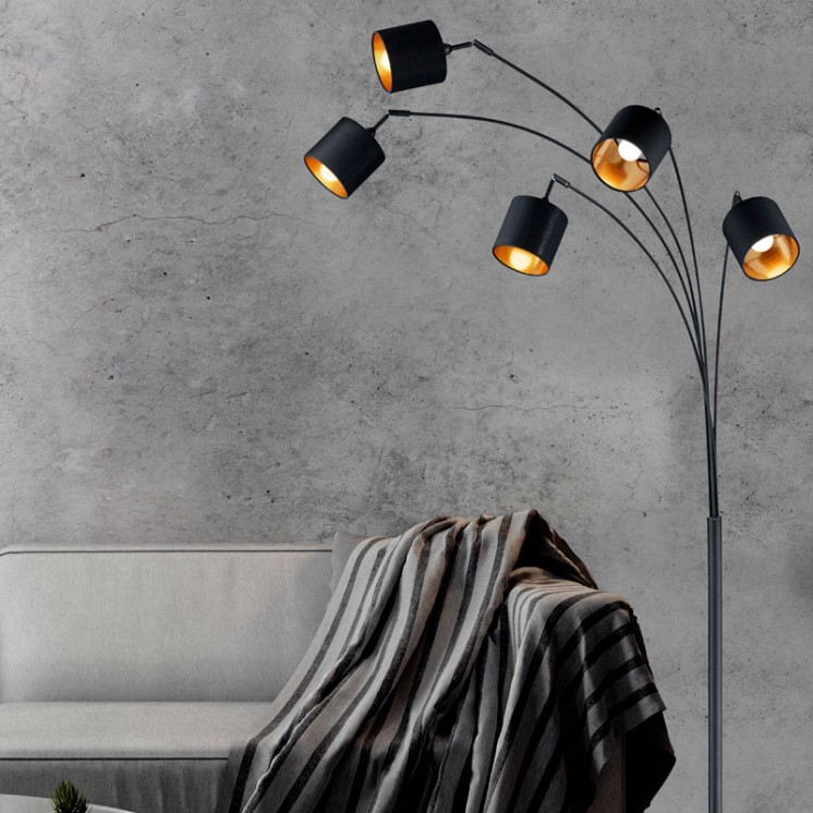 Lampadaire 5 branches TOMMY noir avec abat-jour noir et or