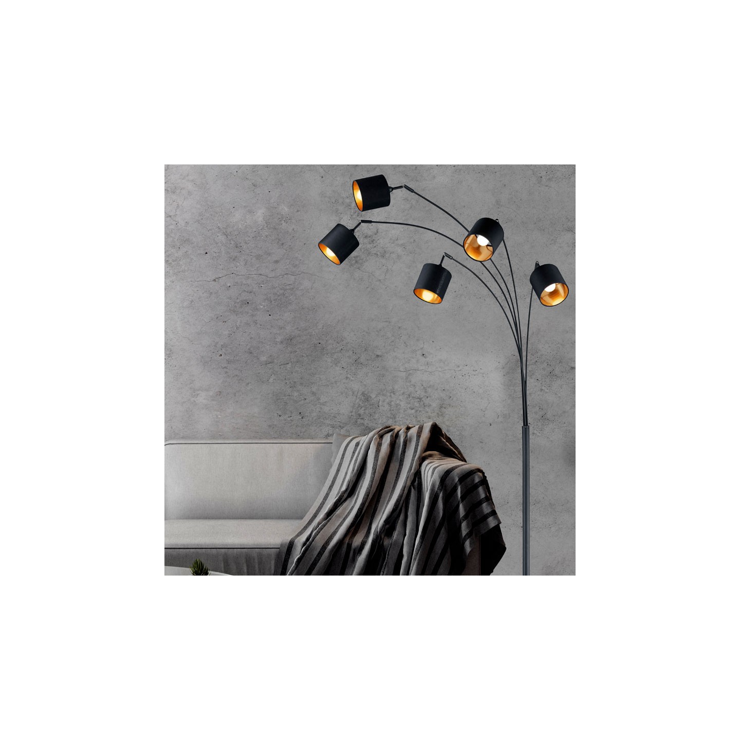 Lampadaire 5 branches TOMMY noir avec abat-jour noir et or