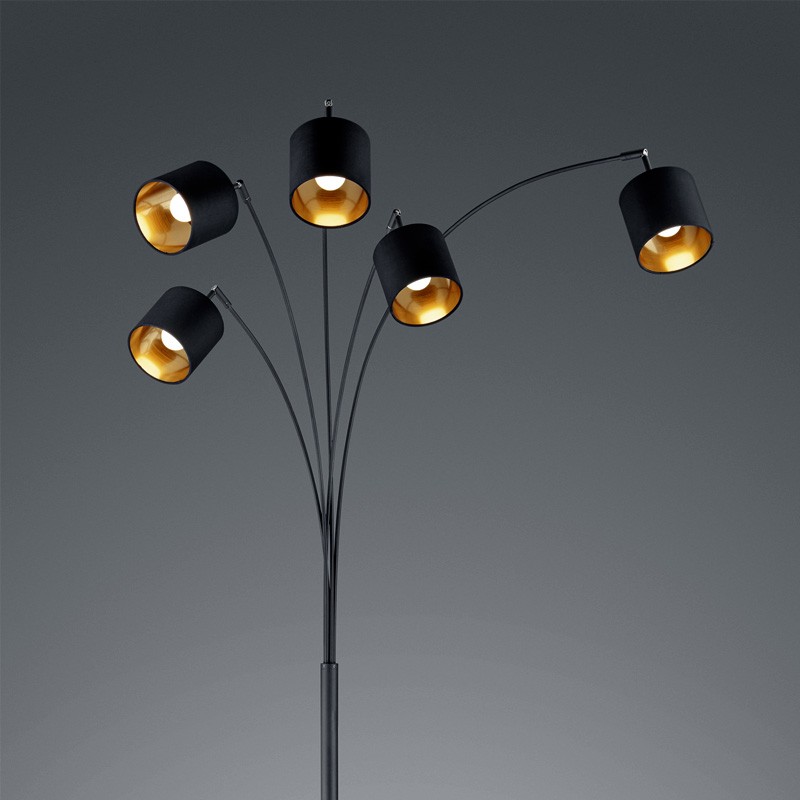 Lampadaire 5 branches TOMMY noir avec abat-jour noir et or